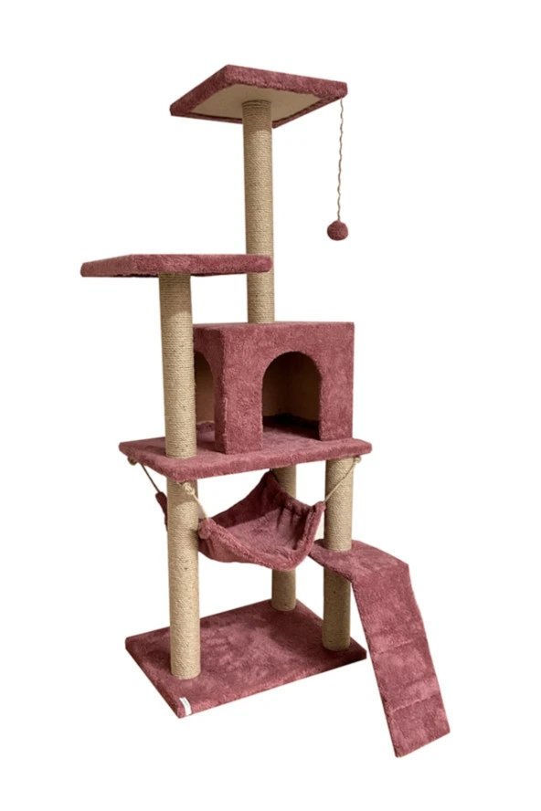 Nursoft B-07 Hamaklı Yuvalı Lüx Kedi Tırmalama Oyun Evi - Gül Kurusu ürün görseli 1