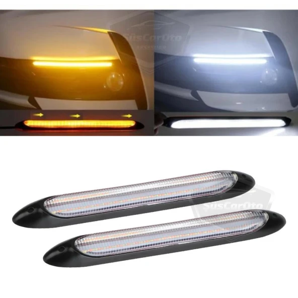 Selamlamalı Kayar Sinyalli Araba Gündüz Farı Esnek Gündüz Ledi DRL Led Lamba Güçlü Işık Açılış Animasyonlu 12V Su Geçirmez Sarı Beyaz 2 Adet 34.5 cm ürün görseli 1