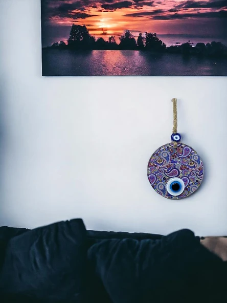 Mandala Desen Mavi Mor Nazar Boncuklu Füzyon Cam El İşçiliği 12 cm Duvar Süsü Nazarlık Hediyelik Eşya ürün görseli 1