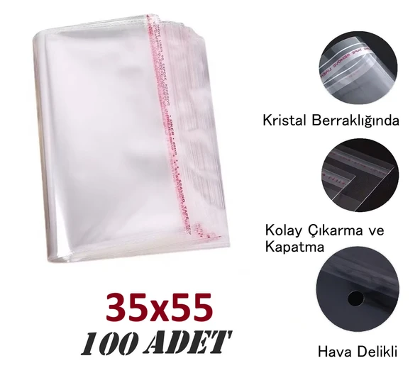 35x50+5 Berrak O.p.p. Toz Tutmayan Yapışkan Bantlı Saklama Poşeti 100 Adet ürün görseli 1