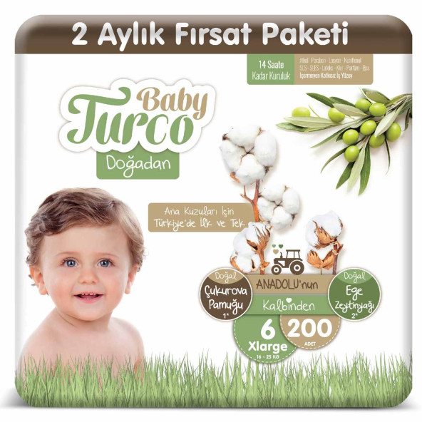 Baby Turco Doğadan 6 Numara X Large 200'lü Bebek Bezi ürün görseli 1