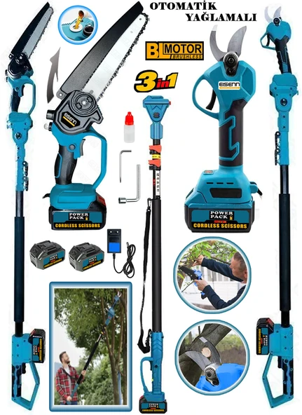 Eisenn German Blue 3 Lü Budama Set BL Fırçasız Motor Bağ Makası + Yağ Pompalı Testere + Teleskopik Uzatma ürün görseli 1