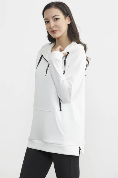 Yarım Fermuarlı Kapüşonlu Sweatshirt - Ekru - Resim 3