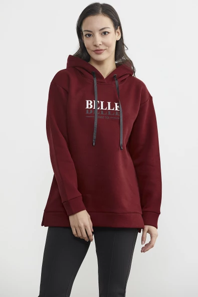 Kapüşonlu İçi Pamuklu Kalın Sweatshirt - Bordo - Resim 2