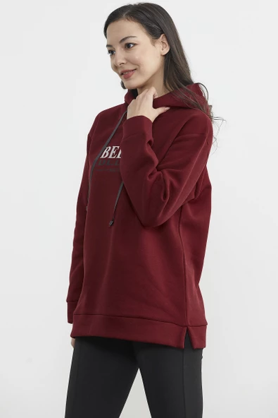 Kapüşonlu İçi Pamuklu Kalın Sweatshirt - Bordo - Resim 4