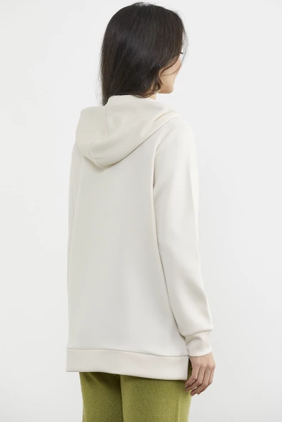 Yarım Fermuarlı Kapüşonlu Sweatshirt - Bej - Resim 6