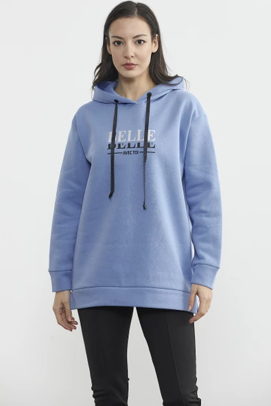 Kapüşonlu İçi Pamuklu Kalın Sweatshirt - Mavi ürün görseli 1