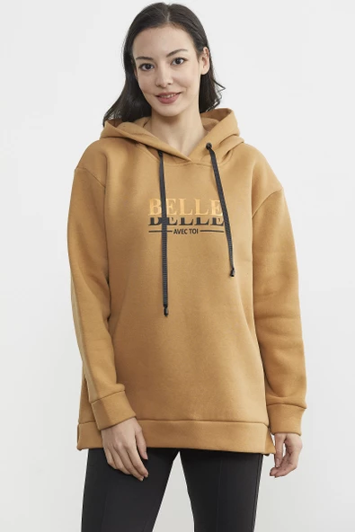 Kapüşonlu İçi Pamuklu Kalın Sweatshirt - Kamel - Resim 2