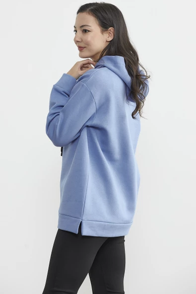 Kapüşonlu İçi Pamuklu Kalın Sweatshirt - Mavi - Resim 3