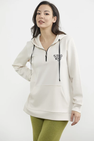 Yarım Fermuarlı Kapüşonlu Sweatshirt - Bej - Resim 5