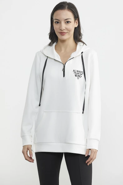 Yarım Fermuarlı Kapüşonlu Sweatshirt - Ekru ürün görseli 1