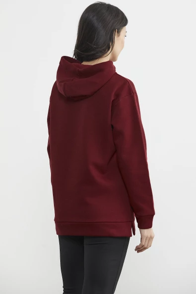 Kapüşonlu İçi Pamuklu Kalın Sweatshirt - Bordo - Resim 5