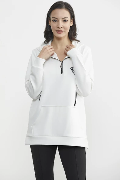 Yarım Fermuarlı Kapüşonlu Sweatshirt - Ekru - Resim 2