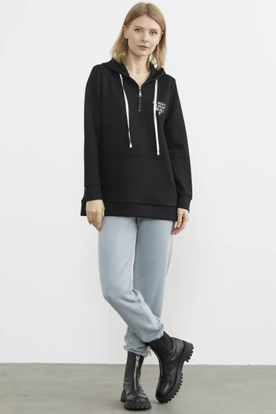 Yarım Fermuarlı Kapüşonlu Sweatshirt - Siyah - Resim 4