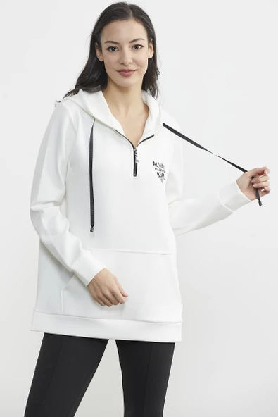 Yarım Fermuarlı Kapüşonlu Sweatshirt - Ekru - Resim 4