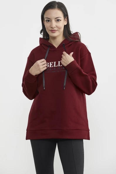 Kapüşonlu İçi Pamuklu Kalın Sweatshirt - Bordo - Resim 3