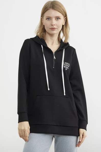 Yarım Fermuarlı Kapüşonlu Sweatshirt - Siyah - Resim 3