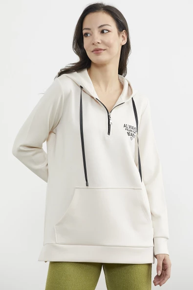 Yarım Fermuarlı Kapüşonlu Sweatshirt - Bej - Resim 3