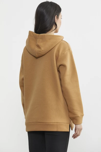 Kapüşonlu İçi Pamuklu Kalın Sweatshirt - Kamel - Resim 5