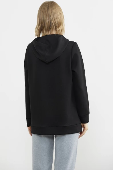 Yarım Fermuarlı Kapüşonlu Sweatshirt - Siyah - Resim 6