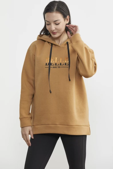 Kapüşonlu İçi Pamuklu Kalın Sweatshirt - Kamel - Resim 3