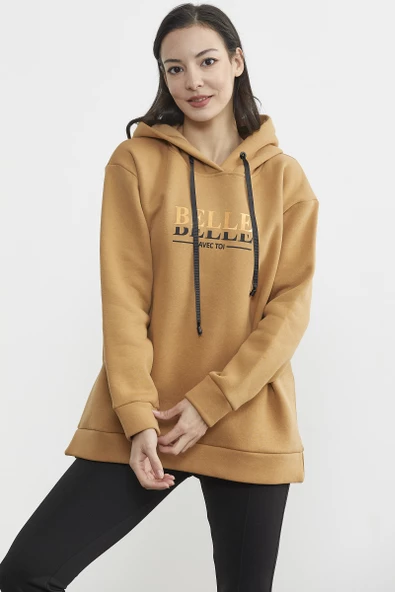 Kapüşonlu İçi Pamuklu Kalın Sweatshirt - Kamel - Resim 4