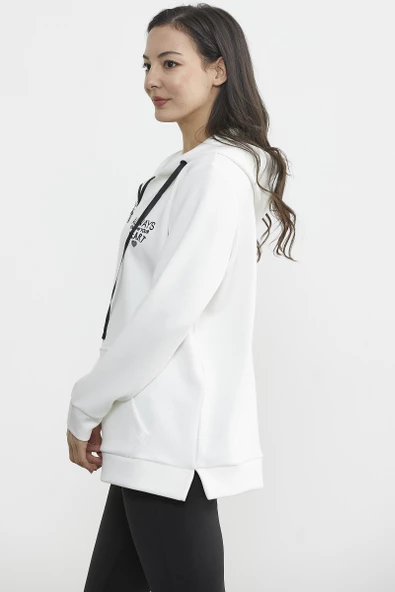 Yarım Fermuarlı Kapüşonlu Sweatshirt - Ekru - Resim 5