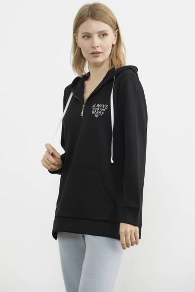 Yarım Fermuarlı Kapüşonlu Sweatshirt - Siyah - Resim 2
