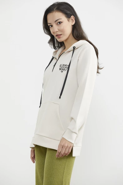 Yarım Fermuarlı Kapüşonlu Sweatshirt - Bej - Resim 4
