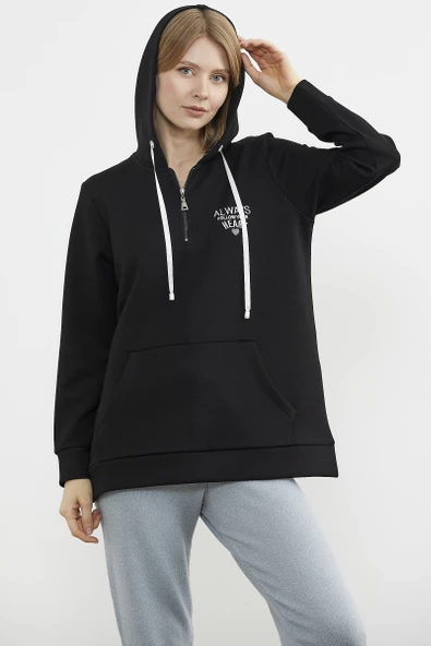 Yarım Fermuarlı Kapüşonlu Sweatshirt - Siyah - Resim 5