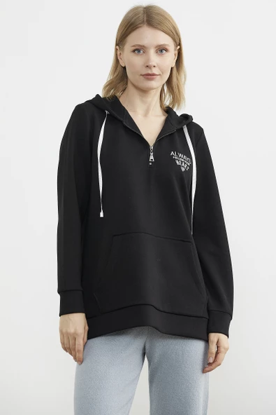 Yarım Fermuarlı Kapüşonlu Sweatshirt - Siyah ürün görseli 1