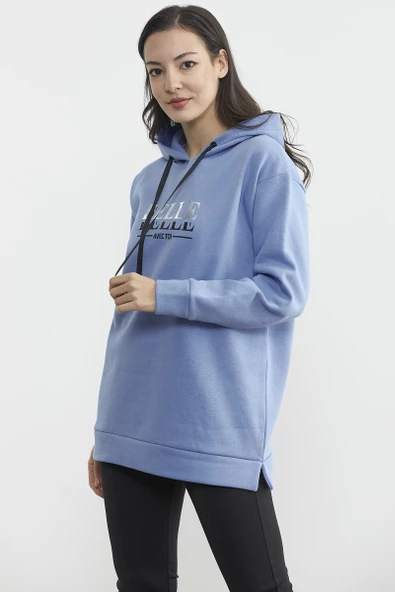 Kapüşonlu İçi Pamuklu Kalın Sweatshirt - Mavi - Resim 2
