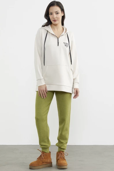 Yarım Fermuarlı Kapüşonlu Sweatshirt - Bej ürün görseli 1