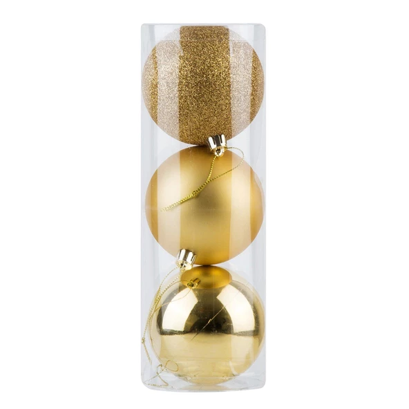 Yılbaşı Ağacı Süsleri 8 cm ALTIN GOLD Top Süs 3 lü Paket ALTIN GOLD Yeni Yıl Süsleri ürün görseli 1