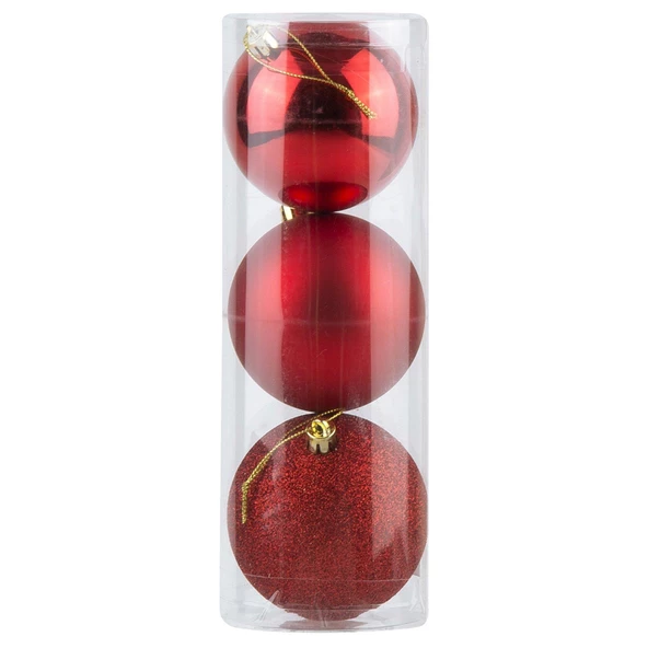 Yılbaşı Ağacı Süsleri 8 cm KIRMIZI Top Süs 3 lü Paket KIRMIZI Yeni Yıl Süsleri ürün görseli 1