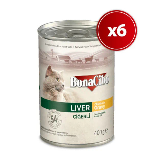 BonaCibo Soslu Ciğerli Yetişkin Kedi Konservesi 400 Gr x 6 Adet - Doğal İçerikli Islak Mama ürün görseli 1
