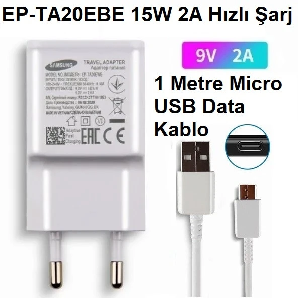 Samsung Galaxy S8003 Jet Orijinal EP-TA20EBE 15W 2A Hızlı Şarj Cihazı ve Micro USB Kablo SMUKABLO00095 ürün görseli 1