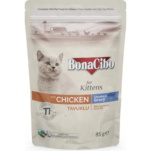 BonaCibo Soslu Tavuklu Pouch Yavru Kedi Yaş Maması 85 gr X12 Adet ürün görseli 1