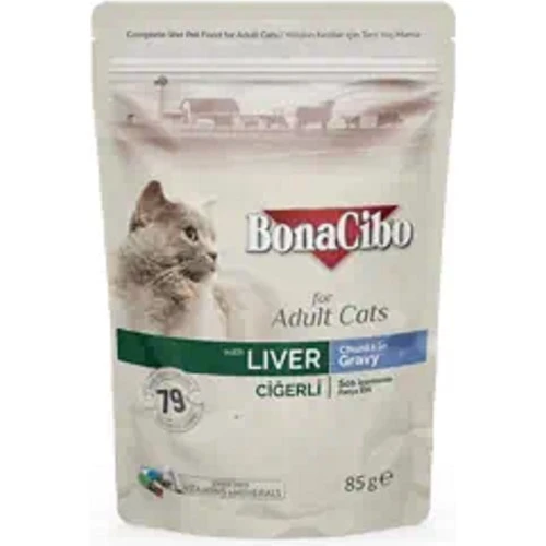 BonaCibo Soslu Ciğerli Pouch Yetişkin Kedi Yaş Maması 85 gr x 12 Adet ürün görseli 1