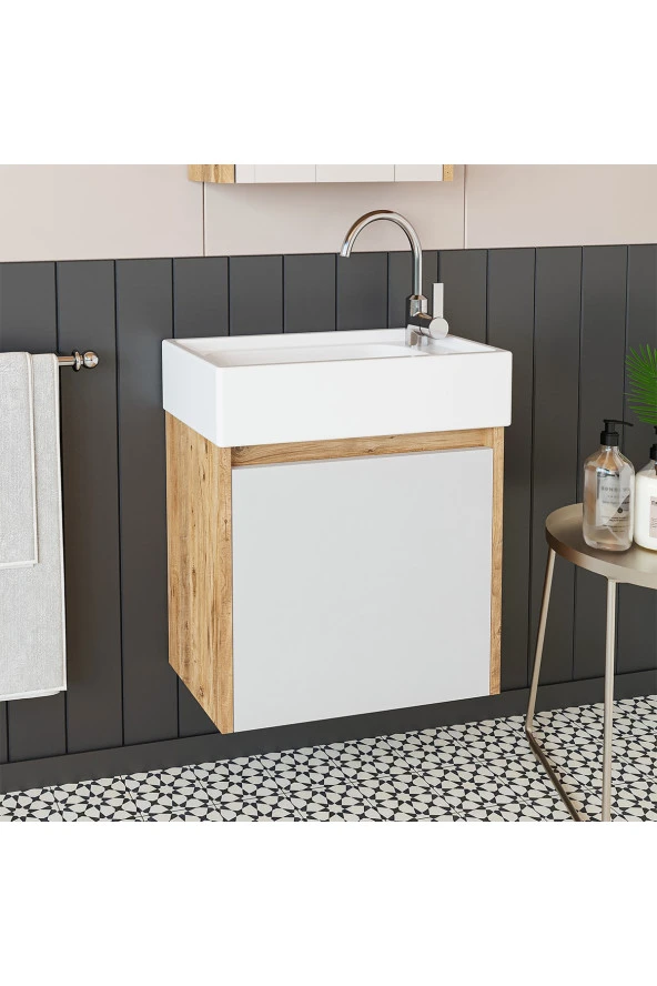 ROOMART Ayaksız Tek Kapaklı Lavabolu Atlantik-beyaz 50 Cm Banyo Dolabı ürün görseli 1
