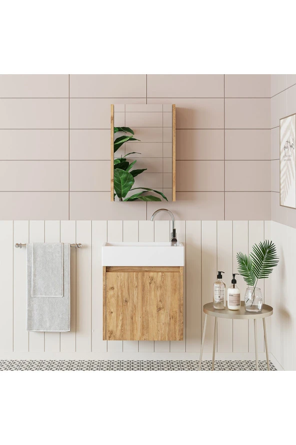 ROOMART Ayaksız Tek Kapaklı Lavabolu 50 Cm Banyo Dolabı+aynalı Üst Dolabı ürün görseli 1