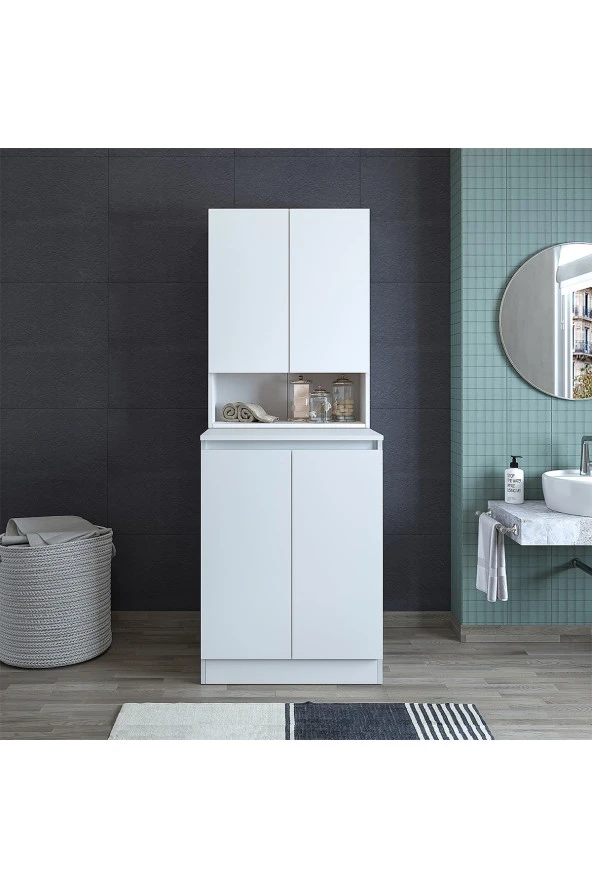 ROOMART Cd2 Çok Amaçlı Banyo Üst Dolaplı Çamaşır Makinesi Dolabı Takımı - Mat Beyaz ürün görseli 1