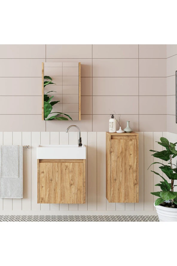 ROOMART Ayaksız Tek Kapaklı Lavabolu 50 Cm Banyo Dolabı+aynalı Üst Dolabı+boy Dolabı ürün görseli 1