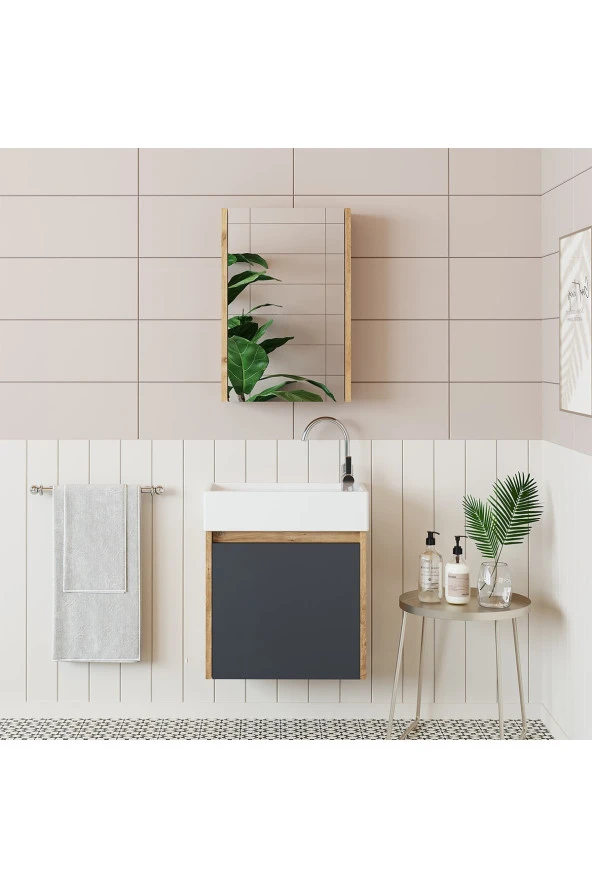 ROOMART Ayaksız Tek Kapaklı Lavabolu 50 Cm Banyo Dolabı+aynalı Üst Dolabı ürün görseli 1