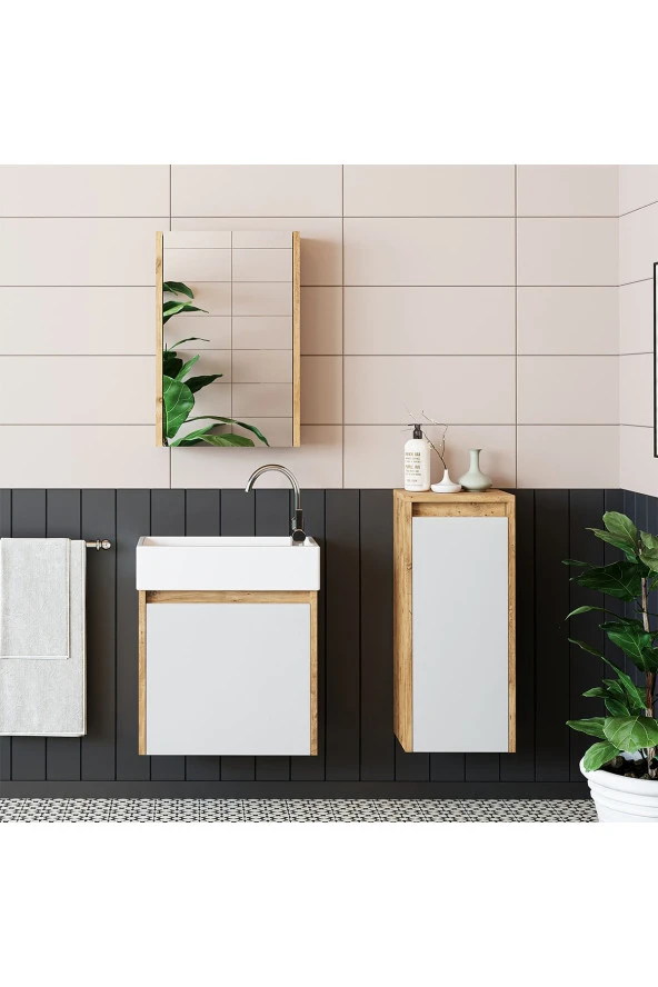 ROOMART Ayaksız Tek Kapaklı Lavabolu 50 Cm Banyo Dolabı+aynalı Üst Dolabı+boy Dolabı ürün görseli 1