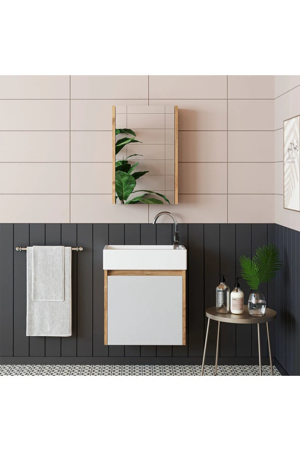 ROOMART Ayaksız Tek Kapaklı Lavabolu 50 Cm Banyo Dolabı Aynalı Üst Dolabı 1954 ürün görseli 1