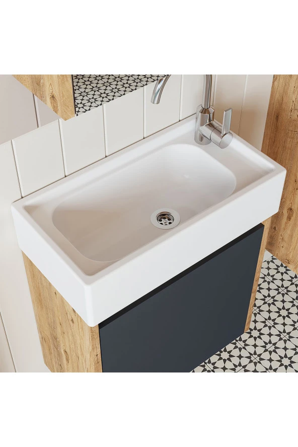 ROOMART Ayaksız Tek Kapaklı Lavabolu 50 Cm Banyo Dolabı+aynalı Üst Dolabı+boy Dolabı ürün görseli 1