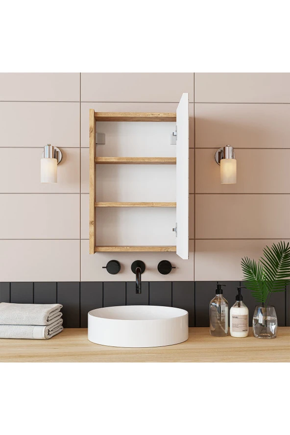 ROOMART Banos Banyo Kulpsuz Tek Kapaklı Atlantik-beyaz 40 Cm Mini Aynalı Banyo Üst Dolabı ürün görseli 1