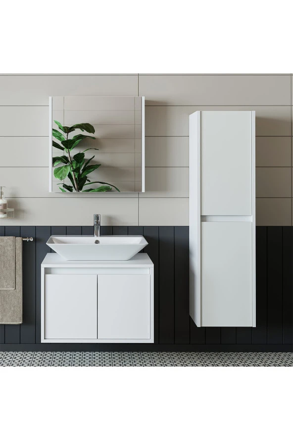 ROOMART Banos Banyo Lavabolu Mat Beyaz Mdf 65cm Banyo Dolabı+Aynalı Banyo Üst Dolap+Banyo Boy Dolap ürün görseli 1