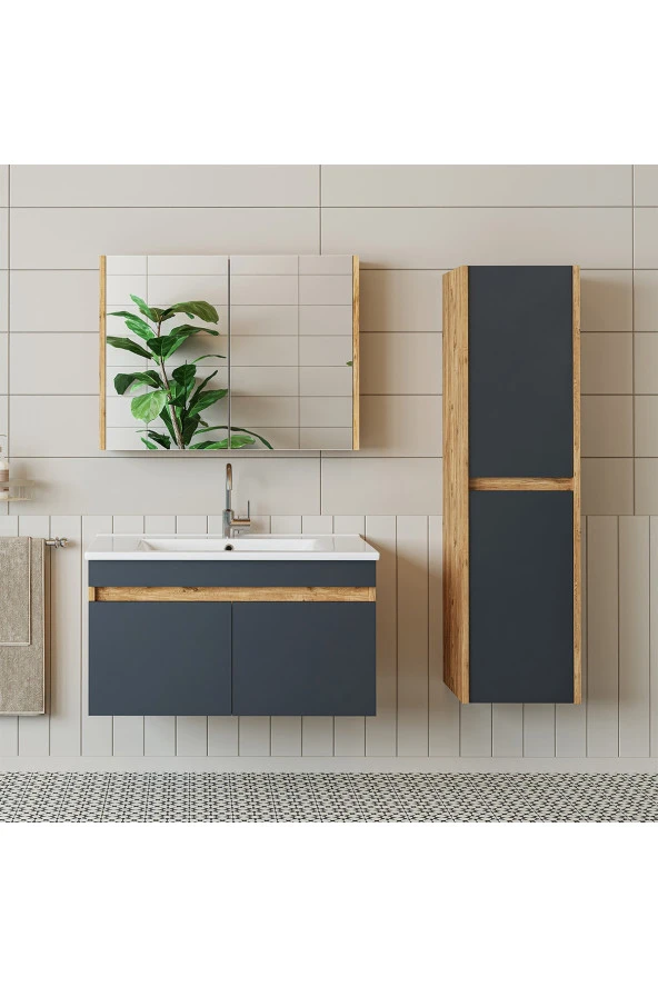 ROOMART  Lavabolu  Atlantik - Antrasit Mat Mdf 85 Cm Alt Dolap Aynalı Üst Dolap Boy Dolap ürün görseli 1